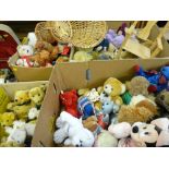 Eight boxes of soft toys and two doll's chairs, all on the TOP OF THE TABLES, BACK & FRONT