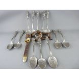 Parcel of pewter spoons and a James Heeley & Sons patent double lever all metal corkscrew