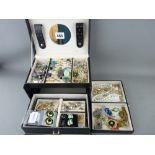 Black jewellery box with concertina trays and good quantity of dress jewellery