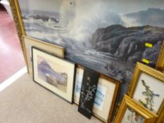 Large gilt framed print - breaking seas on a rocky coast (fading) and parcel of other small prints