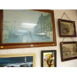 Large framed print after GRIMSHAW (faded), a small Coca Cola mirror advert and a pair of Highland