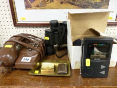 Brown bakelite hand telephone, a pair of Miranda 8x40 binoculars, a brass dish and a Citizen radio