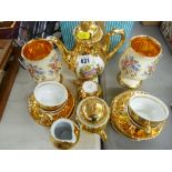 Gilt decorated Continental coffee set and a pair of Prinknash vases