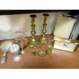 Modern clock, chrome revolving picture frame, pair of good brass candleholders, horse brasses,