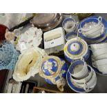 Victorian blue and gilt decorated part teaset, floral decorated comport, reticulated planter etc