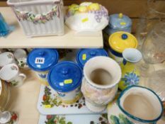 Parcel of pottery vases and kitchen jars with lids and a floral patterned planter etc