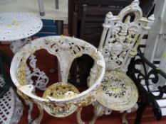 Vintage cast metal garden chair and a table base for restoration, canvas parasol etc