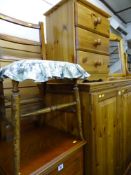 Pine two door wardrobe with two lower base drawers, three drawer bedside cabinet, bedroom chair