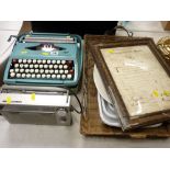 Smith Corona vintage typewriter in good condition, small Sanyo radio, woven tray and three unused