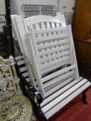 Small white painted metal end bench, two wooden white painted garden chairs and one other