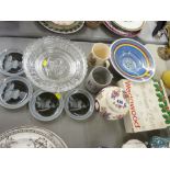 Pair of George VI commemorative glass plates, Wedgwood Christmas plate, boxed, a Masons Silver