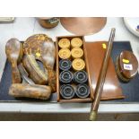 Large set of turned wooden draughts in a mahogany lidded box with board, a vintage part of a flute