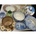 Parcel of mixed blue pottery, large salt glazed sporting jug, Battle of Britain wall plate etc