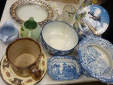 Parcel of mixed blue pottery, large salt glazed sporting jug, Battle of Britain wall plate etc