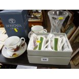 Bohemia lead crystal vase, two Royal Worcester 'Evesham' cups and saucers and a boxed pair of floral