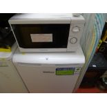 Beko undercounter fridge, a Cookworks white microwave oven and an ironing board E/T