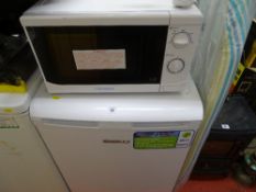 Beko undercounter fridge, a Cookworks white microwave oven and an ironing board E/T