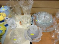 Parcel of three cut glass vases, a pressed glass ship's type decanter and parcel of dishes and