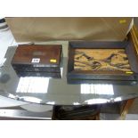Rosewood boxed parcel of geometric instruments, a carved wooden alpine picture and a decorative