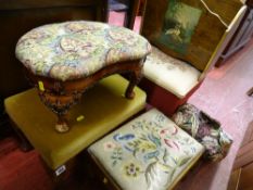 Parcel of three footstools, a small square upholstered haberdashery box on tapered legs and a