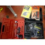 Cased McKeller 105w palm sander, a 24v Power Devil electric screwdriver and a battery tester E/T