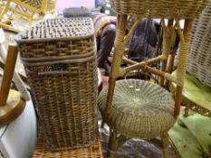 Pair of wicker woven storage baskets and two wicker woven stools