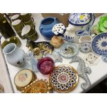 Parcel of mixed pottery including Royal Winton green dishes and a blue bulbous twin handled Royal