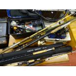 Excellent parcel of fishing equipment, rods and two plastic containers with fishing tackle etc