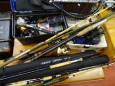 Excellent parcel of fishing equipment, rods and two plastic containers with fishing tackle etc