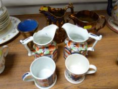 Pair of small Gaudy Welsh octagonal vases, two Gaudy Welsh small mugs and three copper lustre
