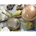Long handled copper warming pan, quantity of vintage brassware, an EP lidded entree dish