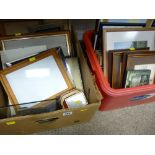 Box of picture frames and a tub of framed pictures and prints etc