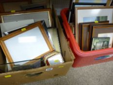 Box of picture frames and a tub of framed pictures and prints etc