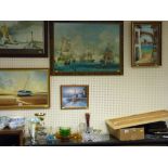 Large gilt framed print of warships and three other oils (one on canvas) - modern yachting scenes
