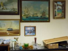 Large gilt framed print of warships and three other oils (one on canvas) - modern yachting scenes