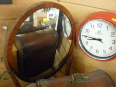 Mid 19th Century mahogany swing toilet mirror and a modern red kitchen wall clock