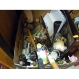 Box of mixed items - soft toys, badminton racquets, mixed items etc