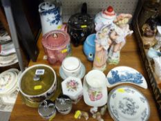 Good parcel of teapots, small dishes, Whimsies and pair of novelty parian figurines