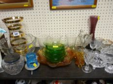 Large parcel of mixed pressed glassware, carnival glass dish, vaseline glass trumpet vase etc