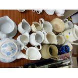 Quantity of ceramic jugs, blue and white decorated teapot etc