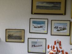 Set of three HOGARTH framed coaching prints, a coloured print - view of Caernarfon Castle and an oil