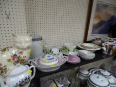 Large parcel of mixed pottery teaware, large seated cat etc