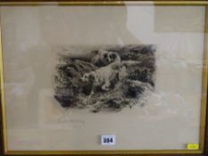 Signed etching by BASIL BRADLEY of two hunting dogs