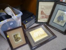Portadyne record player, large parcel of 78rpm records and four sundry framed old prints