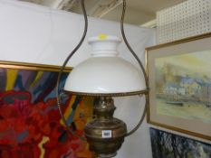 Vintage style brass hanging oil lamp with white glass shade