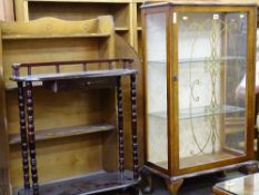 Single door china cabinet, a small three shelf waterfall bookcase, piano stool and a two shelf