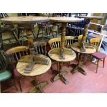 Quantity of pub furniture - six circular topped pedestal tables and six farmhouse style chairs