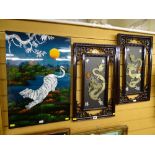 Pair of exotically framed Oriental 'Jade' dragons and a lacquerwork and mother of pearl decorated