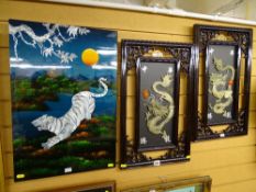 Pair of exotically framed Oriental 'Jade' dragons and a lacquerwork and mother of pearl decorated