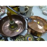 Large 19th Century lidded copper pan with steel handles, a circular copper cheese pan with handles